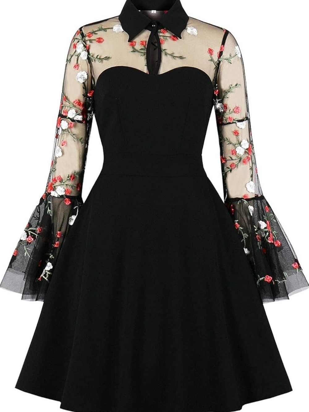 Sheer Floral Sleeve Black Fit-and-Flare Dress